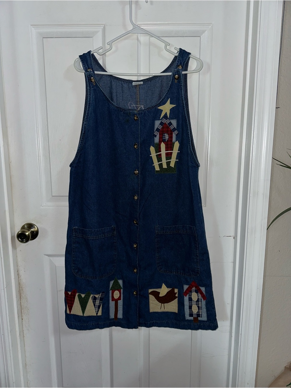 Vintage Button-down Denim Appliqued Jumper Dress Size 14